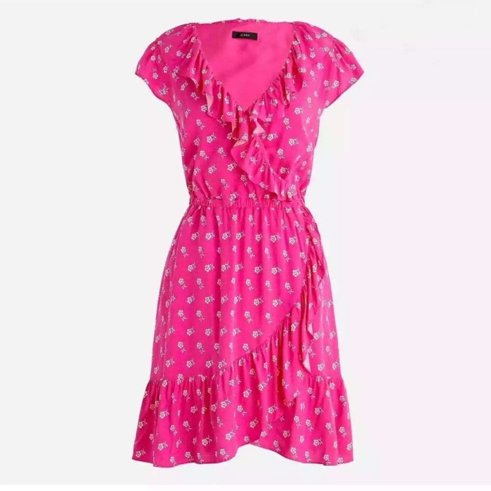 Crew Vneck Ruffle Dress in pink floral